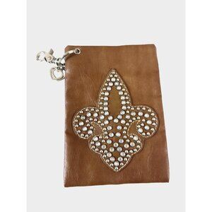 Fleur De Lis Rhinestone Micro Keychain Purse Brown Faux Leather Y2K Boho Glam